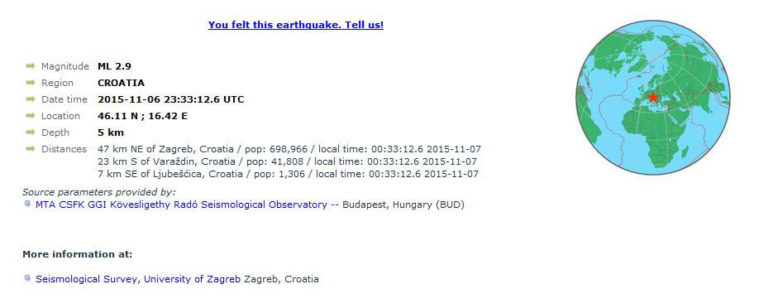 Područje Varaždina pogodio potres jačine 2.9 po Richteru Podrhtavanje magnitude 2.9 po Richteru je zabilježeno u 00.33 sati, a potres su osjetili i Križevčani. Epicentar je bio na dubini od 5 km, 23 km južno od Varaždina