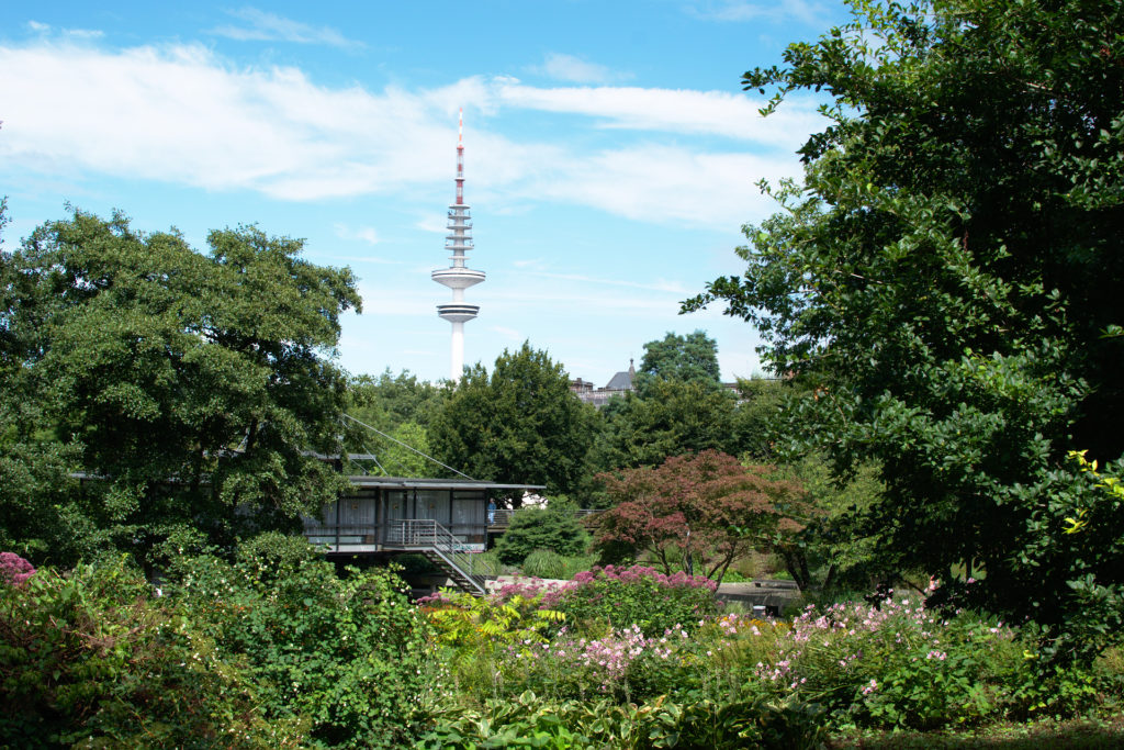 Planten un Blomen - park koji se proteže uz centar grada, u pozadini je Heinrich-Hertzov TV toranj.